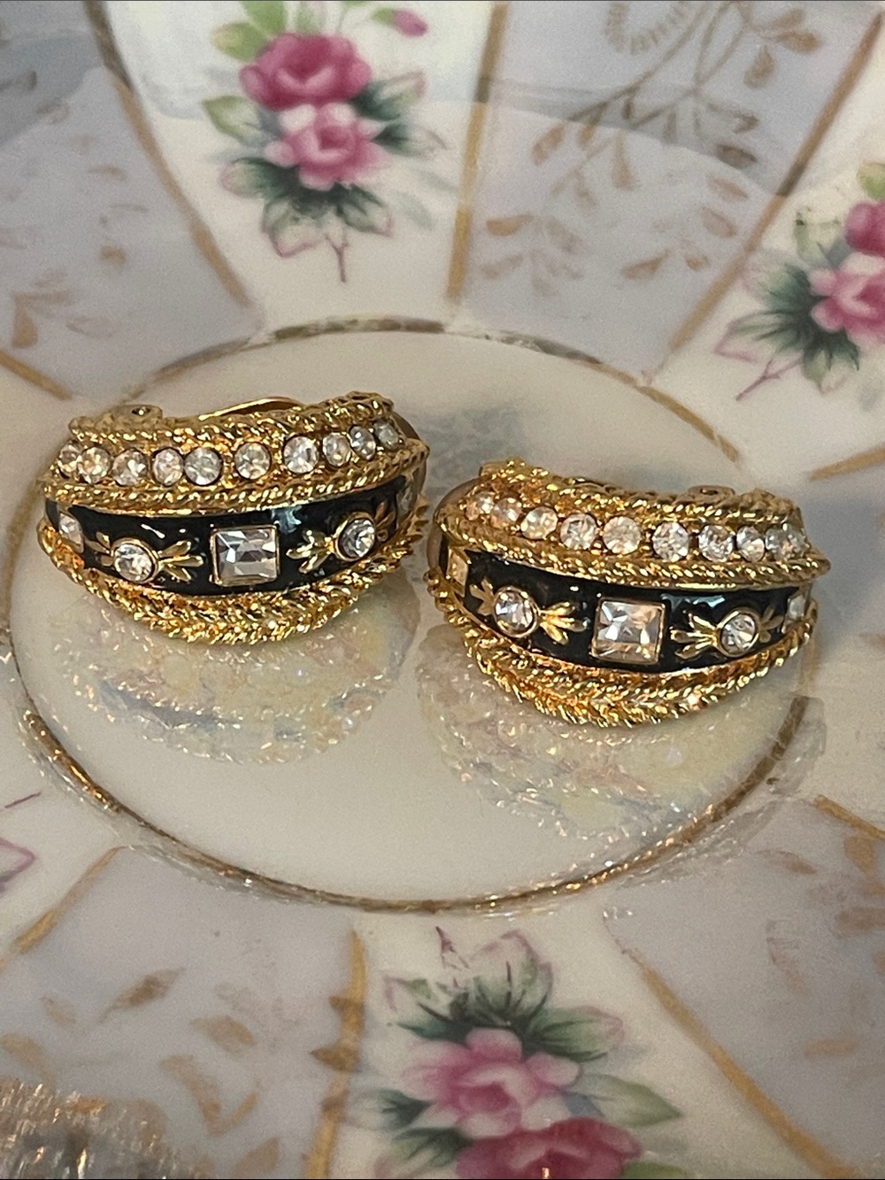 Vintage St. John Gold Plated Black Enamel & Swarovski Crystal Clip-On Earrings